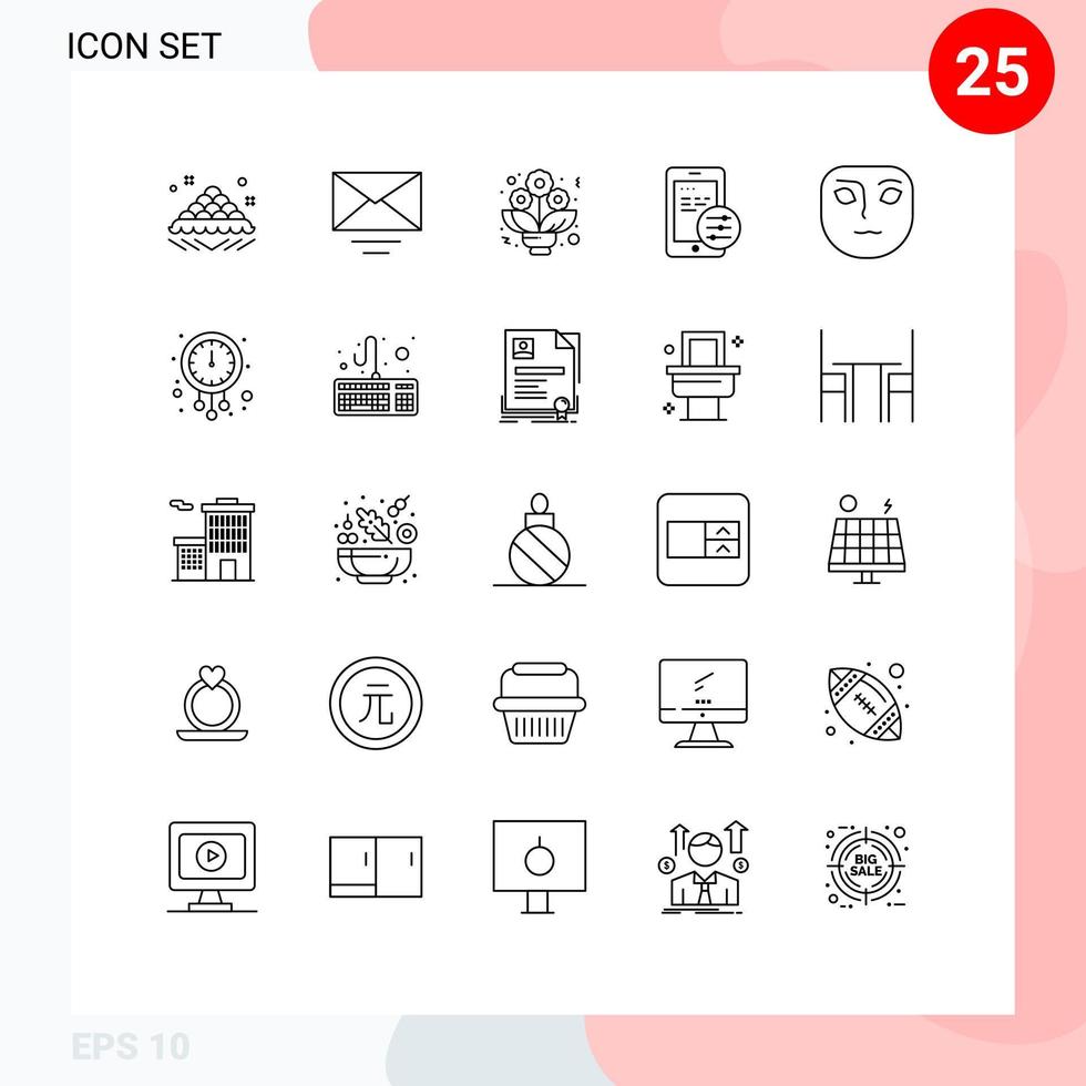 Editable Vector Line Pack of 25 Simple Lines of clock face bouquet emotion mobile Editable Vector Design Elements
