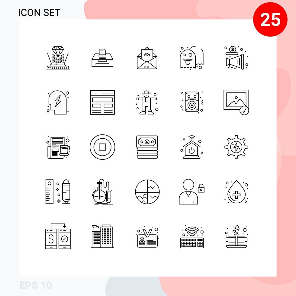 Universal Icon Symbols Group of 25 Modern Lines of advertising play ad game mail Editable Vector Design Elements
