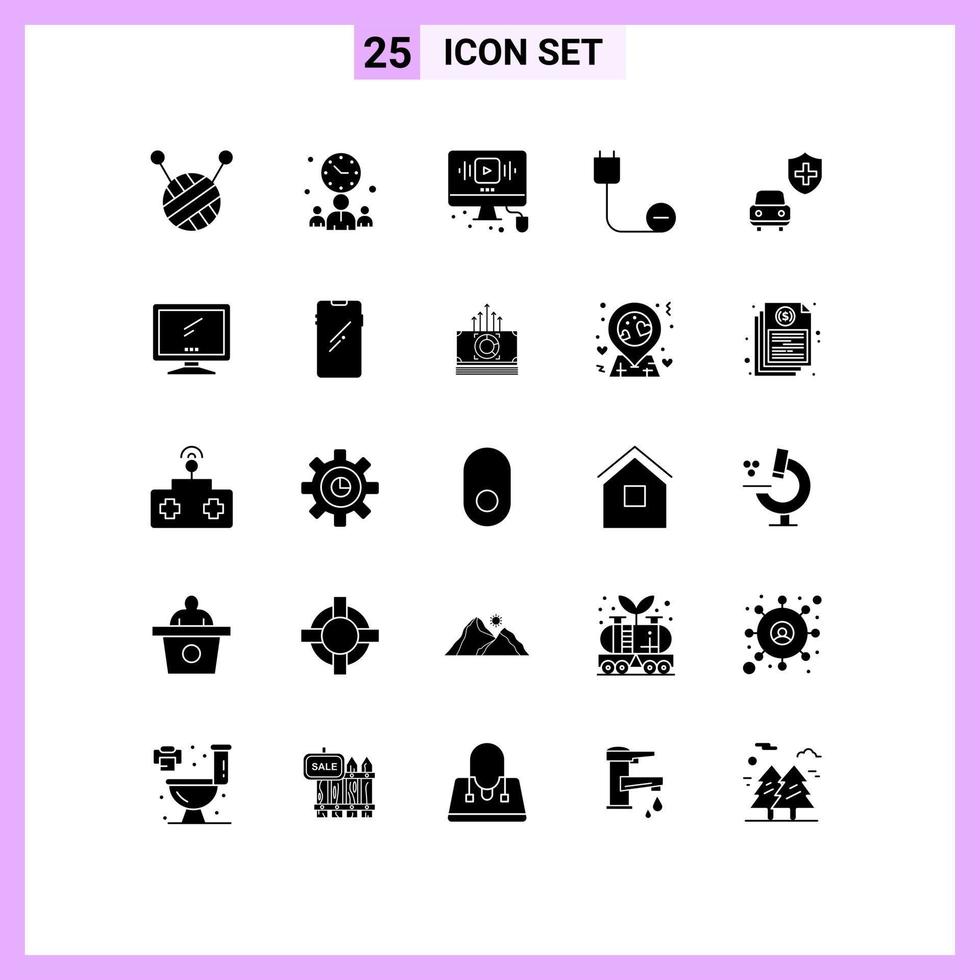 Group of 25 Modern Solid Glyphs Set for security car web power devices Editable Vector Design Elements