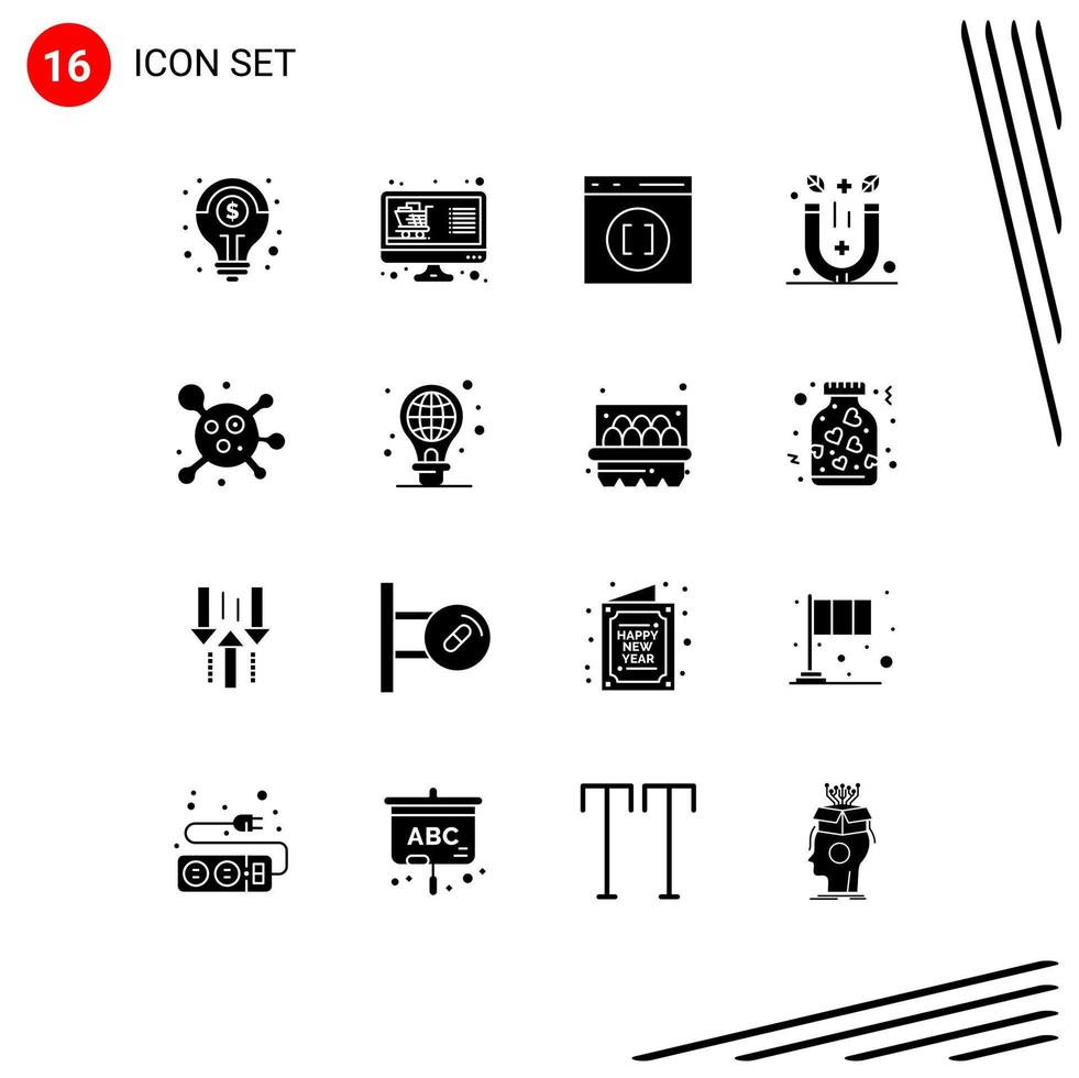 User Interface Pack of 16 Basic Solid Glyphs of atom spa list physics development Editable Vector Design Elements