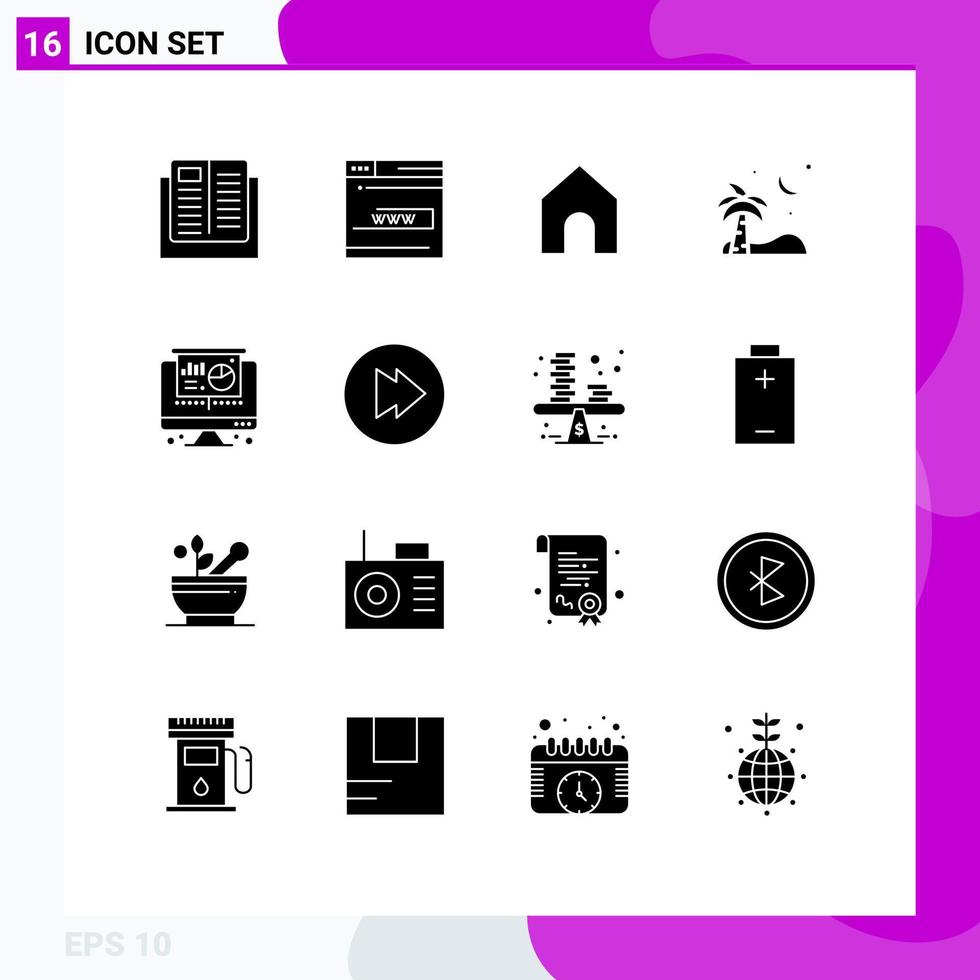 Modern Set of 16 Solid Glyphs and symbols such as computer palm website beach interface Editable Vector Design Elements