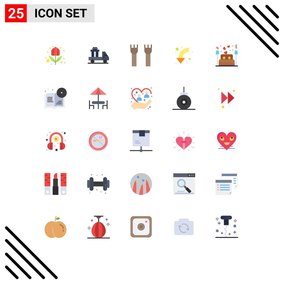 25 User Interface Flat Color Pack of modern Signs and Symbols of bed left castle building curved arrow Editable Vector Design Elements