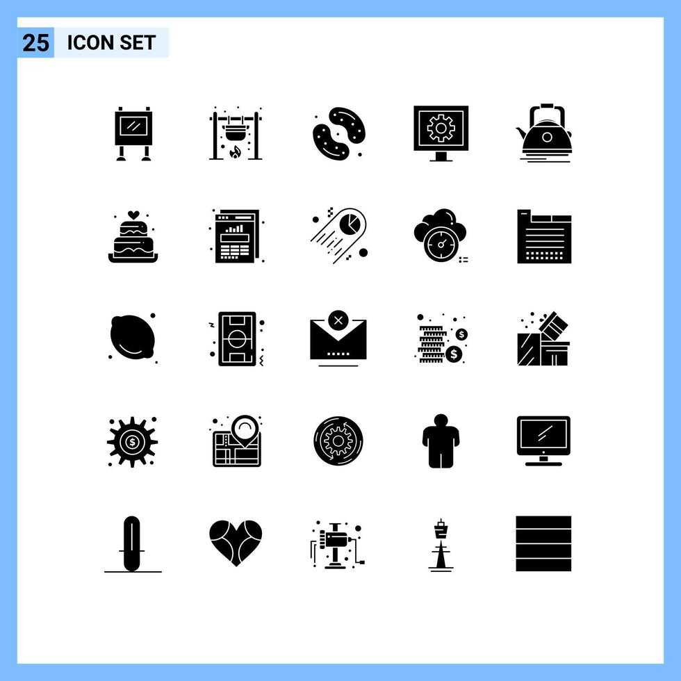 Group of 25 Solid Glyphs Signs and Symbols for watch entertainment fire control sweets Editable Vector Design Elements