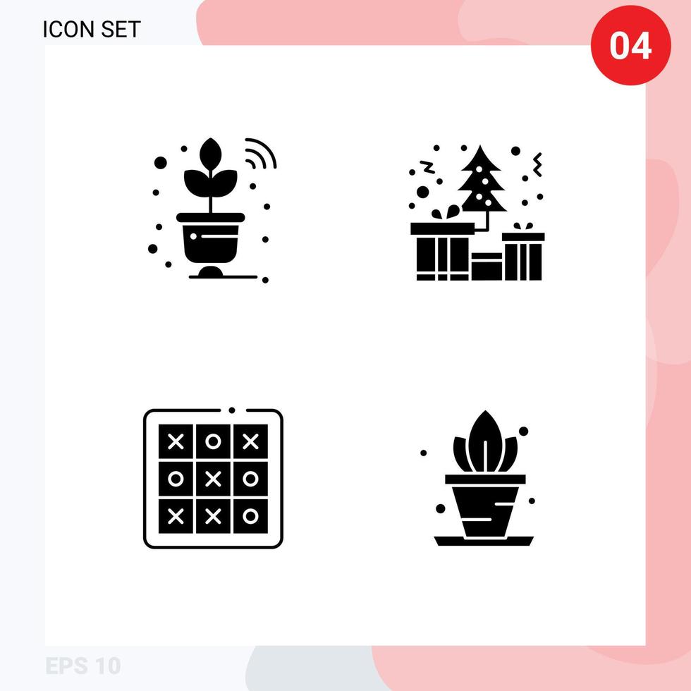 Editable Vector Line Pack of 4 Simple Solid Glyphs of plant toe wifi christmas tic tac toe Editable Vector Design Elements