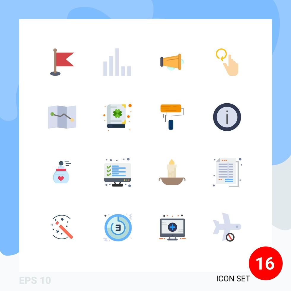 paquete de 16 signos y símbolos de colores planos modernos para medios de impresión web, como el mapa de libros, anuncio de recarga de dedos, paquete editable de elementos creativos de diseño de vectores