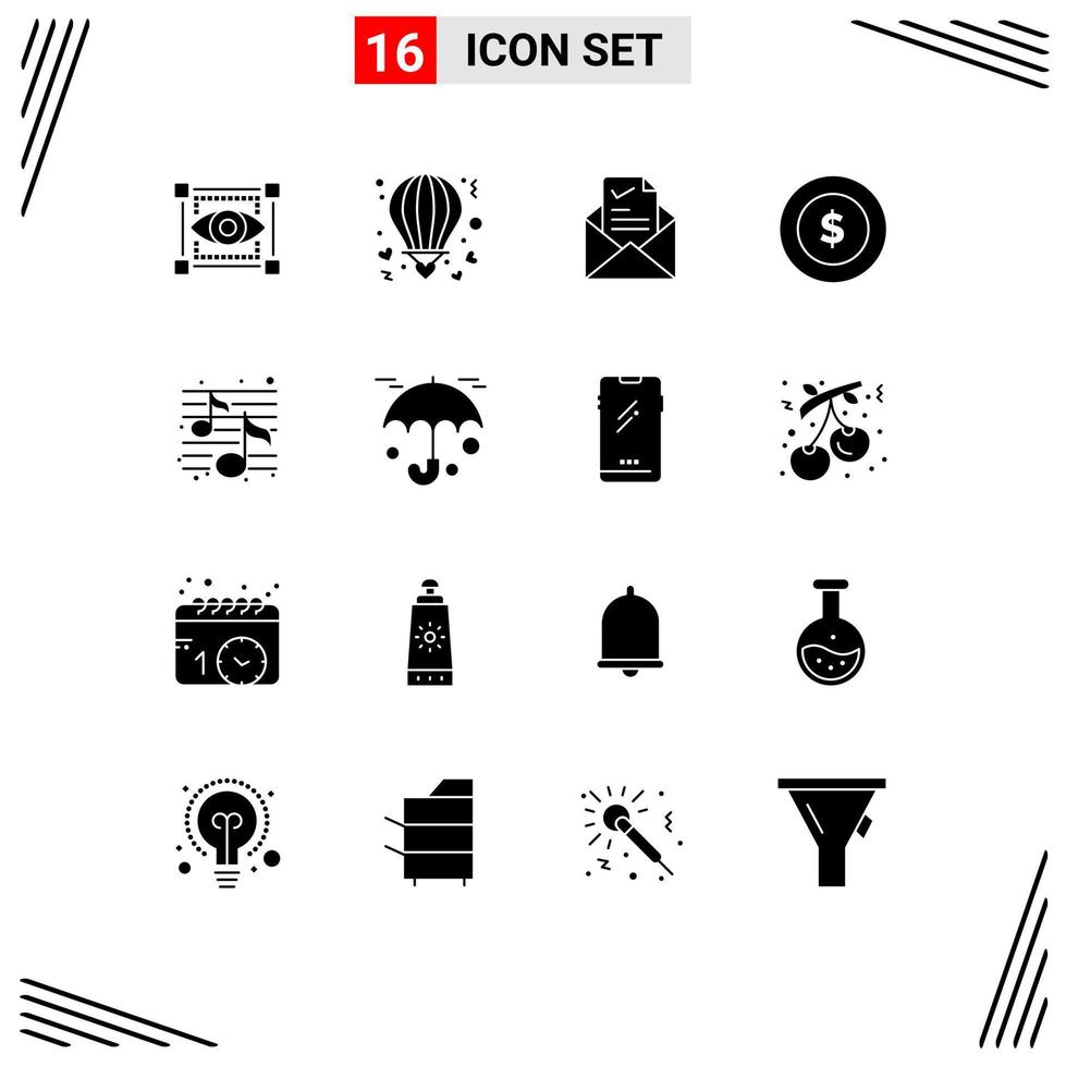 Modern Set of 16 Solid Glyphs and symbols such as music logistic valentine dollar coin tick Editable Vector Design Elements