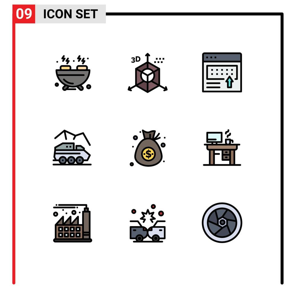 9 User Interface Filledline Flat Color Pack of modern Signs and Symbols of transport rover advertising planet page Editable Vector Design Elements