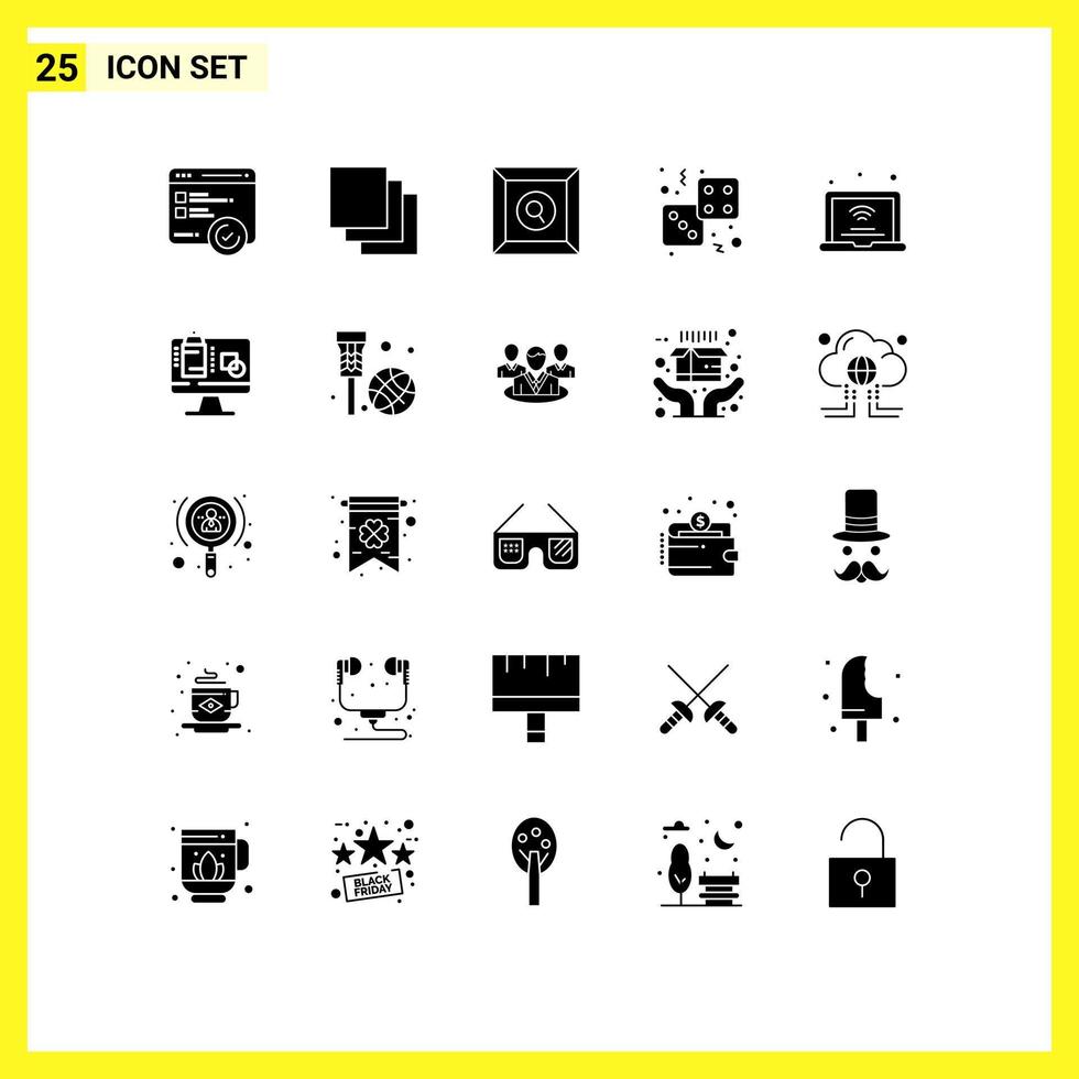 Set of 25 Commercial Solid Glyphs pack for internet of things laptop product play game Editable Vector Design Elements