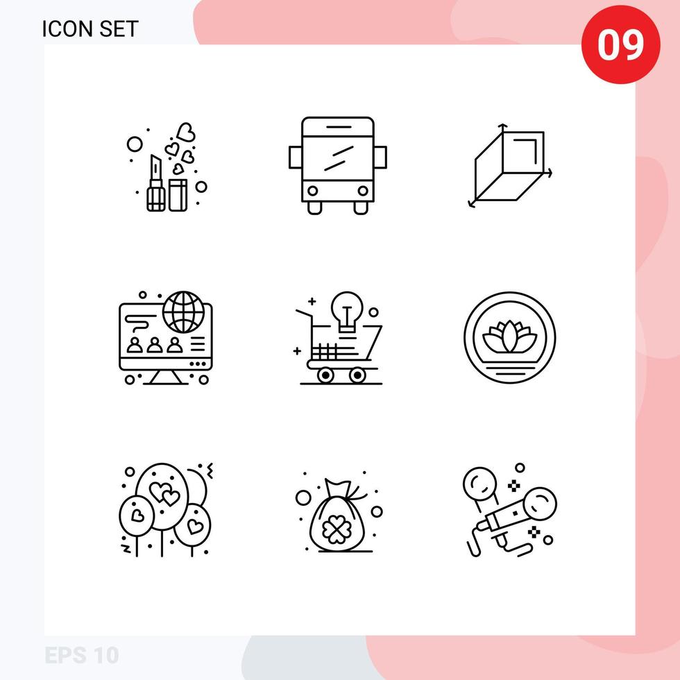 Mobile Interface Outline Set of 9 Pictograms of light bulb online cuboid shopping business Editable Vector Design Elements