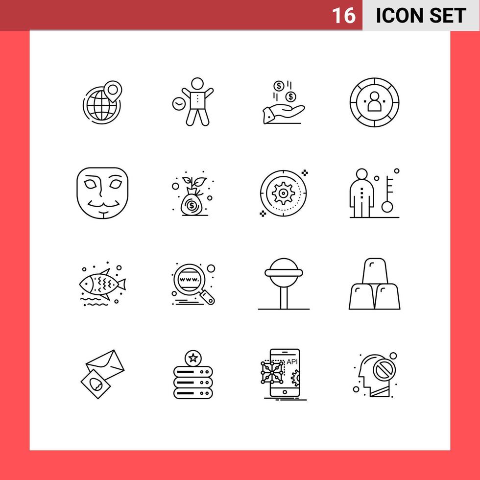 Set of 16 Vector Outlines on Grid for data charity time currency dollar Editable Vector Design Elements