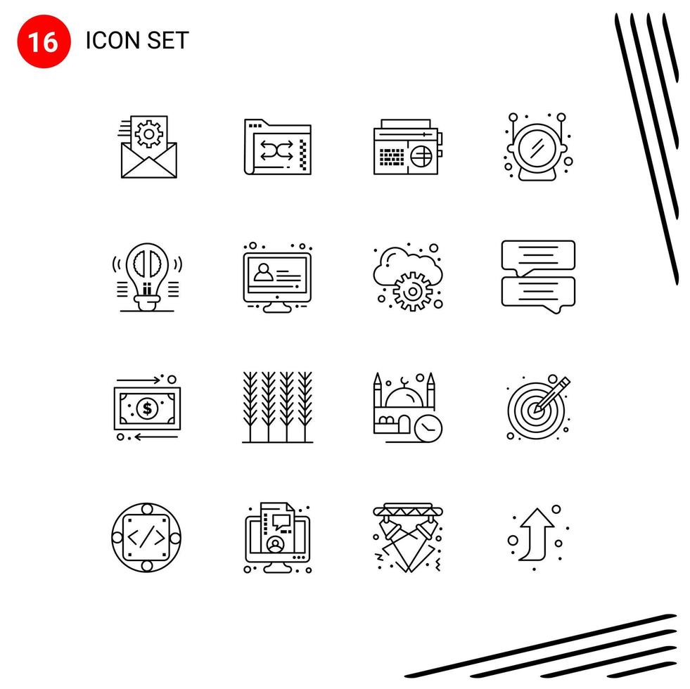 Group of 16 Modern Outlines Set for bulb safety management space media Editable Vector Design Elements