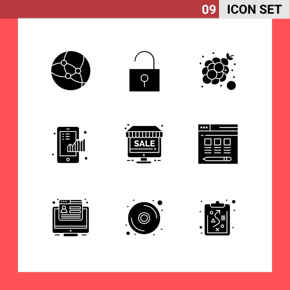 9 User Interface Solid Glyph Pack of modern Signs and Symbols of online statistical fruit graph chart Editable Vector Design Elements