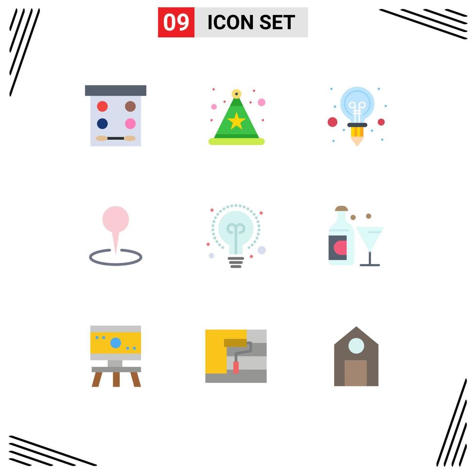 9 Universal Flat Color Signs Symbols of idea bulb creativity pin map Editable Vector Design Elements