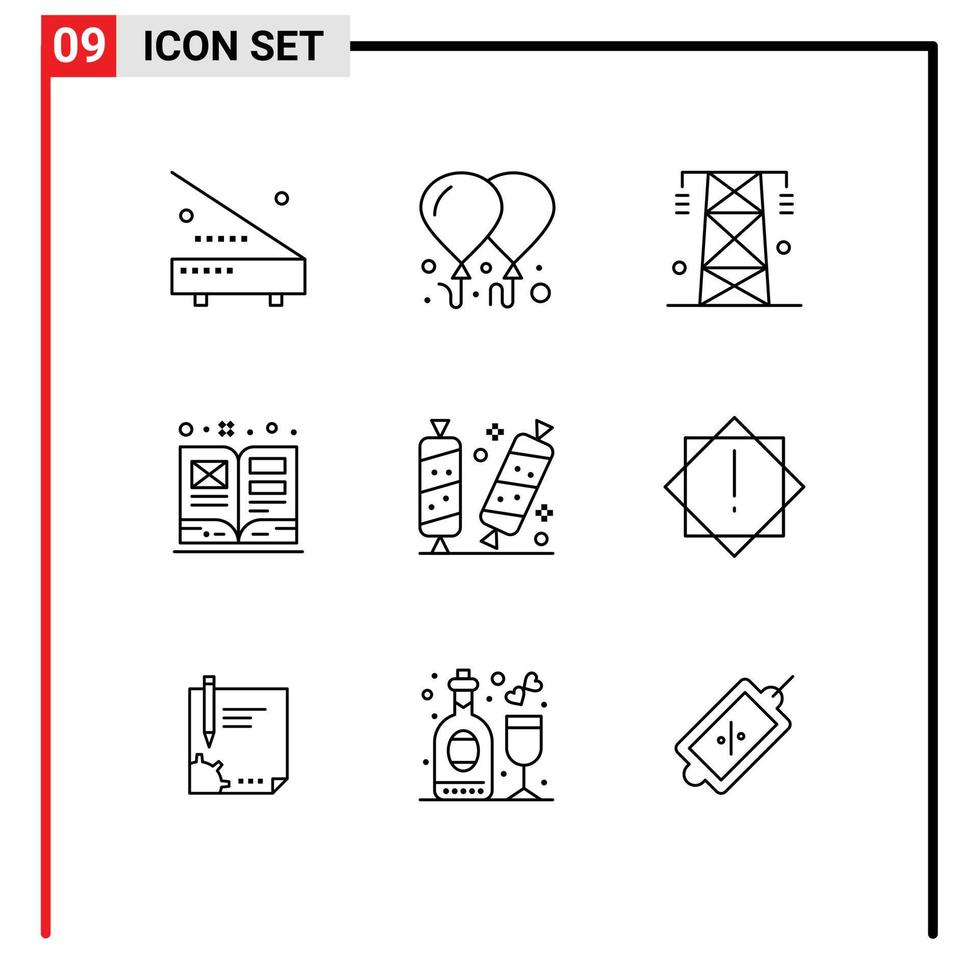 9 Universal Outline Signs Symbols of candy schoolbook electricity book tower Editable Vector Design Elements