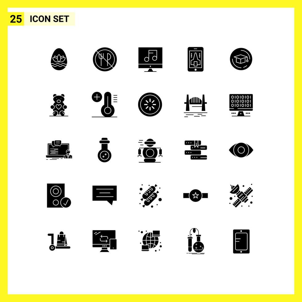 Set of 25 Commercial Solid Glyphs pack for education smartphone audio mobile game Editable Vector Design Elements