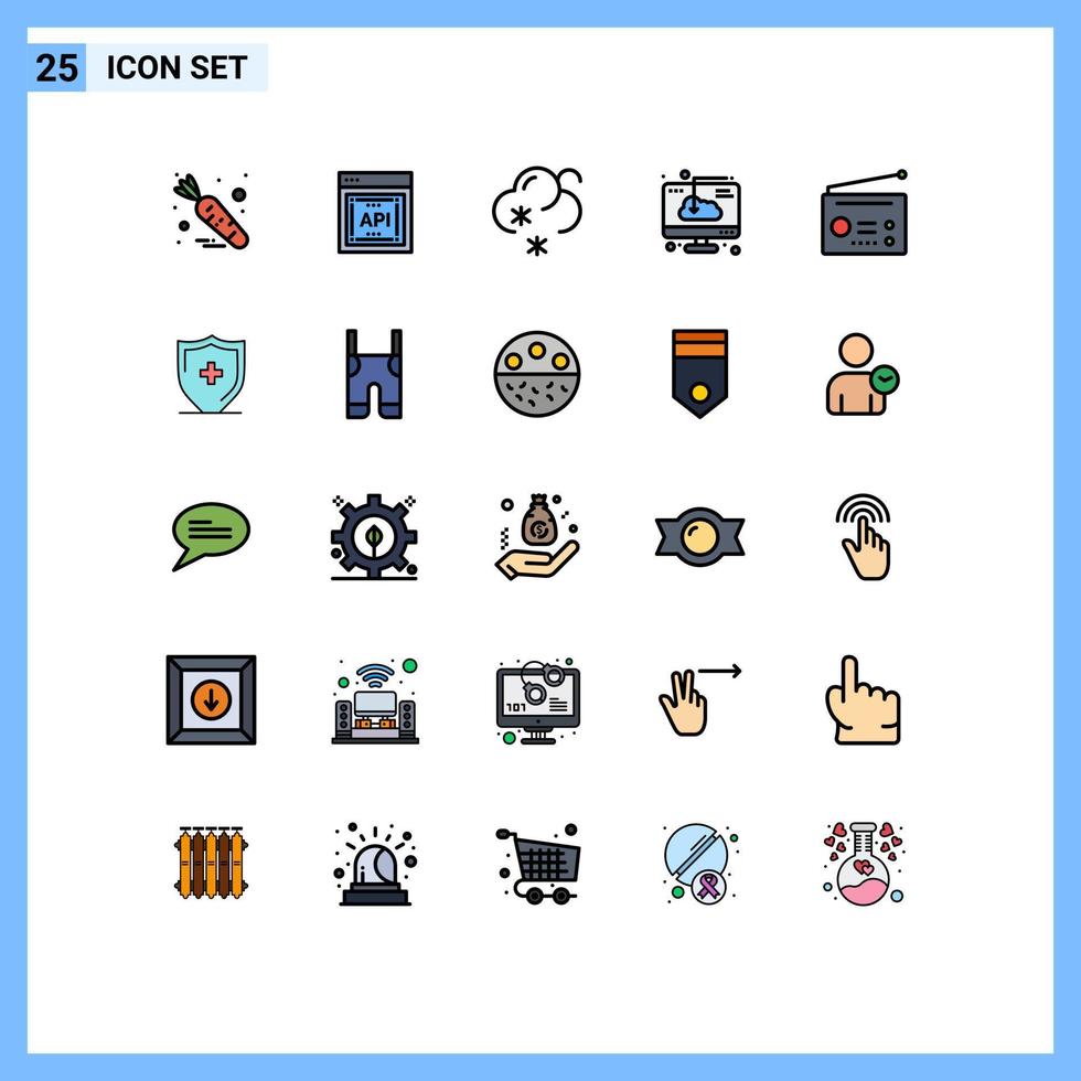 Pack of 25 creative Filled line Flat Colors of radio devices snow software download Editable Vector Design Elements