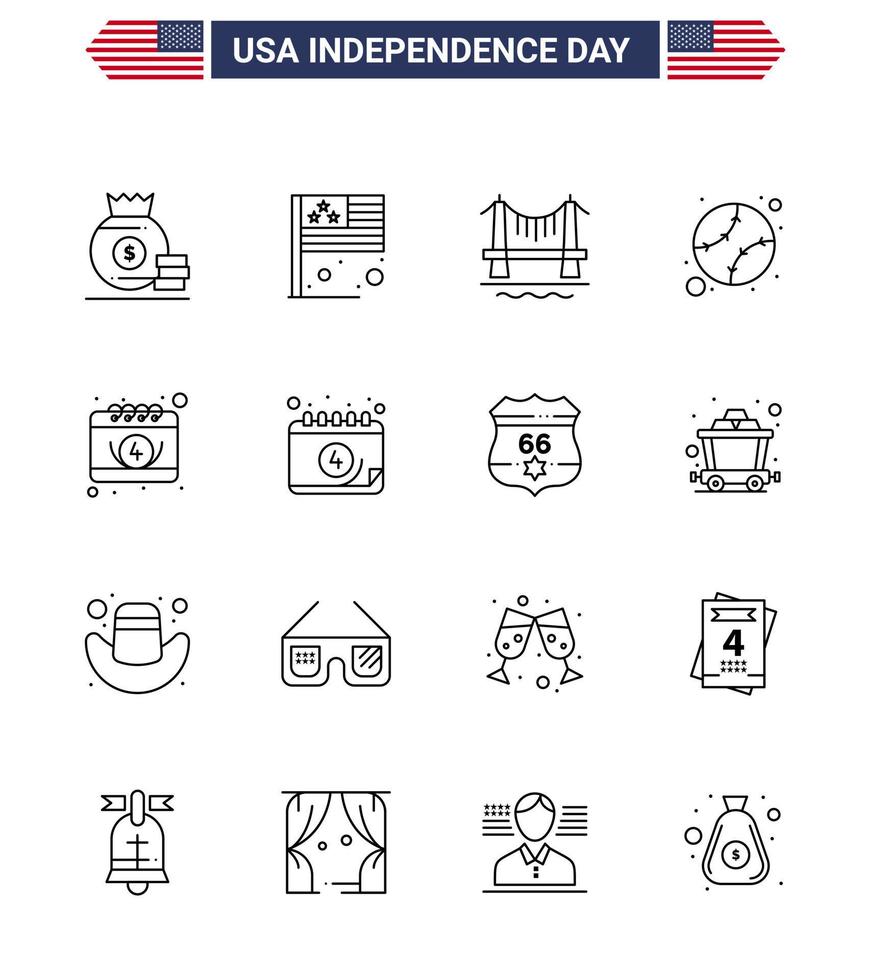 4th July USA Happy Independence Day Icon Symbols Group of 16 Modern Lines of calendar united bridge states american Editable USA Day Vector Design Elements