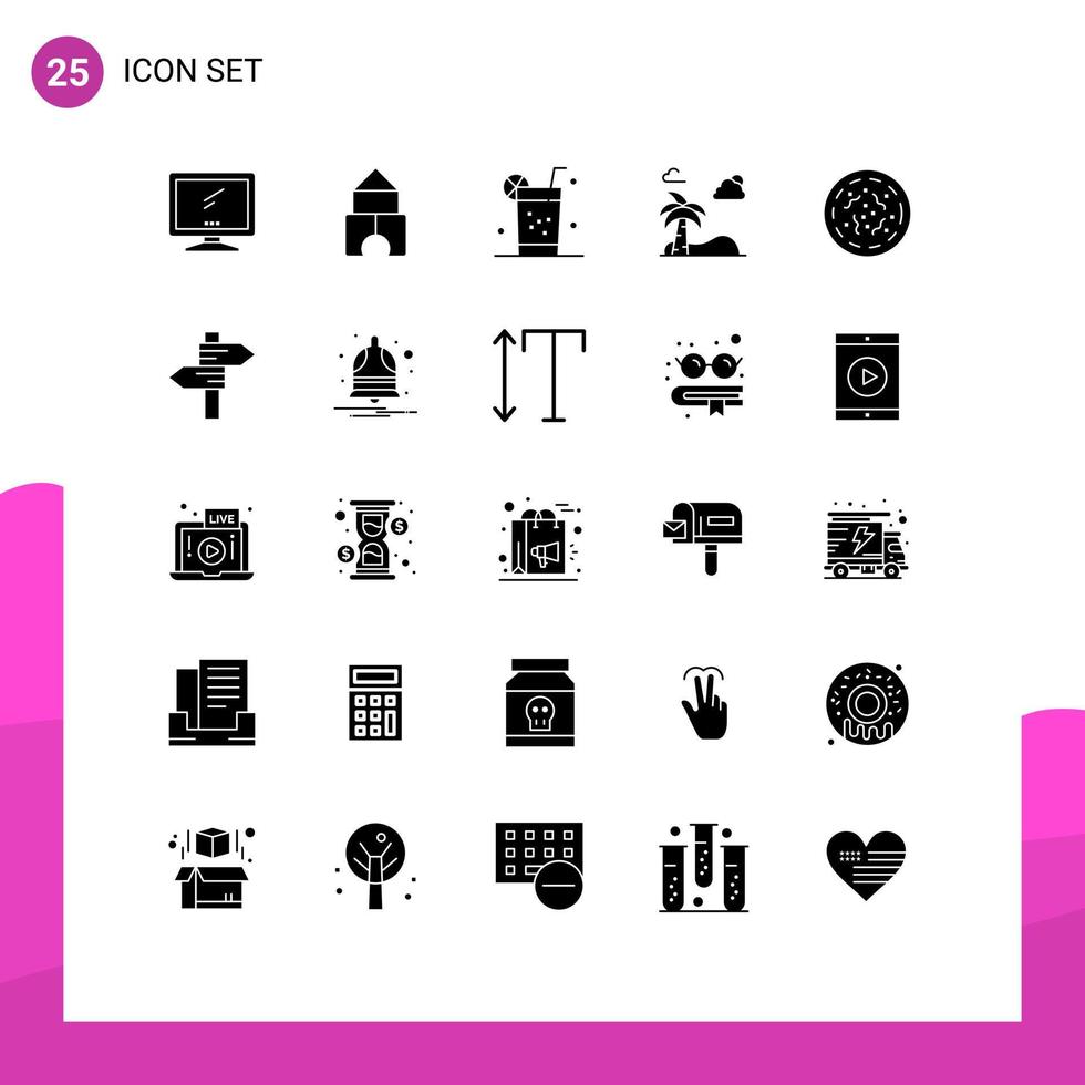 Pack of 25 creative Solid Glyphs of rotten spring fruit tree beach Editable Vector Design Elements