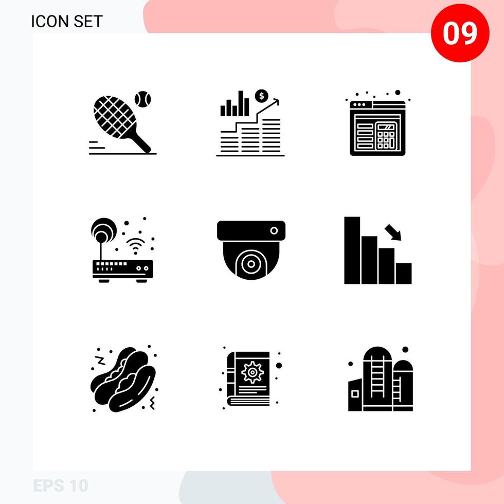 User Interface Pack of 9 Basic Solid Glyphs of cctv wifi browser router device Editable Vector Design Elements