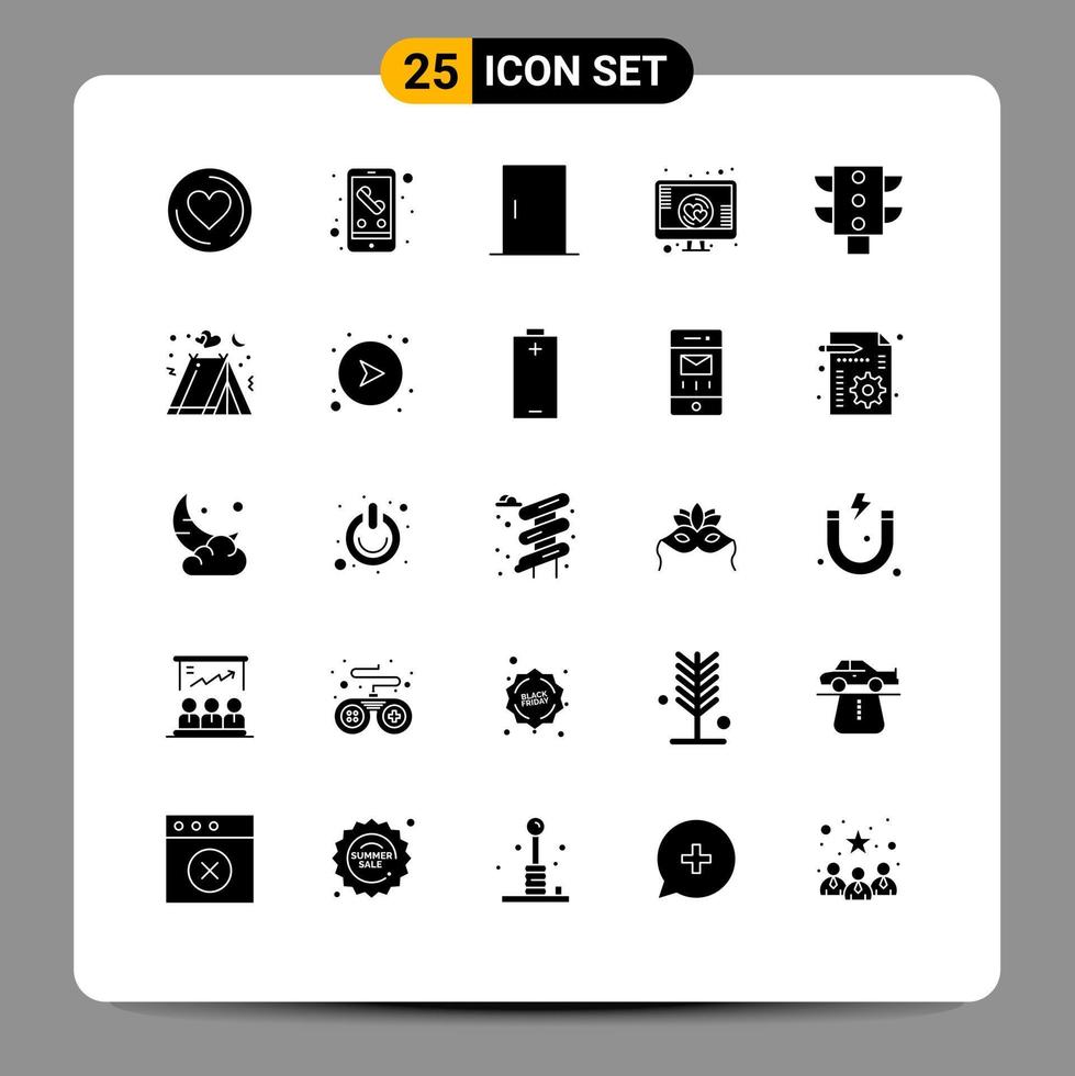 Pack of 25 Modern Solid Glyphs Signs and Symbols for Web Print Media such as traffic light furniture screen heart romance Editable Vector Design Elements