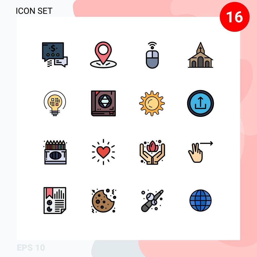 Pack of 16 Modern Flat Color Filled Lines Signs and Symbols for Web Print Media such as bulb insight mouse data church Editable Creative Vector Design Elements