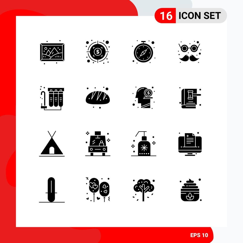 Mobile Interface Solid Glyph Set of 16 Pictograms of purification filter stop watch moustache carnival Editable Vector Design Elements