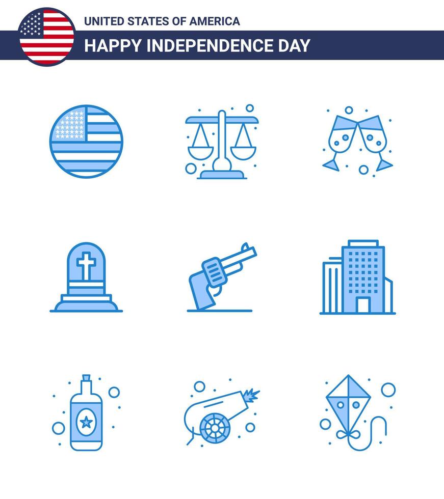 feliz día de la independencia 4 de julio conjunto de 9 blues americano pictograma de arma pistola cerveza rip grave elementos de diseño vectorial del día de estados unidos editables vector