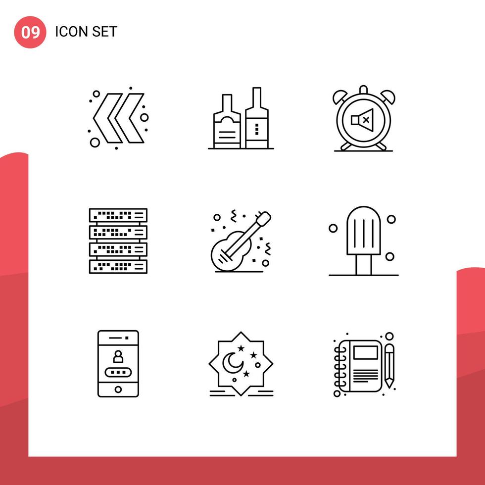 Mobile Interface Outline Set of 9 Pictograms of folk server clock rack mount computer Editable Vector Design Elements