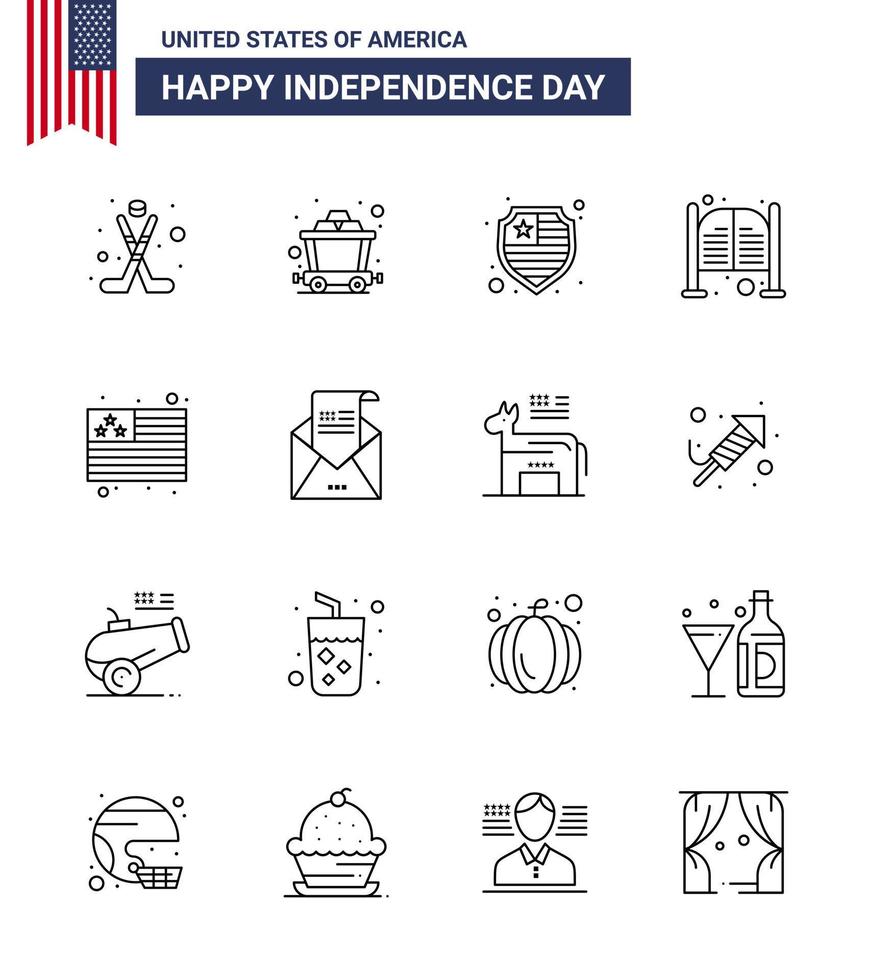 Pack of 16 creative USA Independence Day related Lines of usa country protection entrance saloon Editable USA Day Vector Design Elements