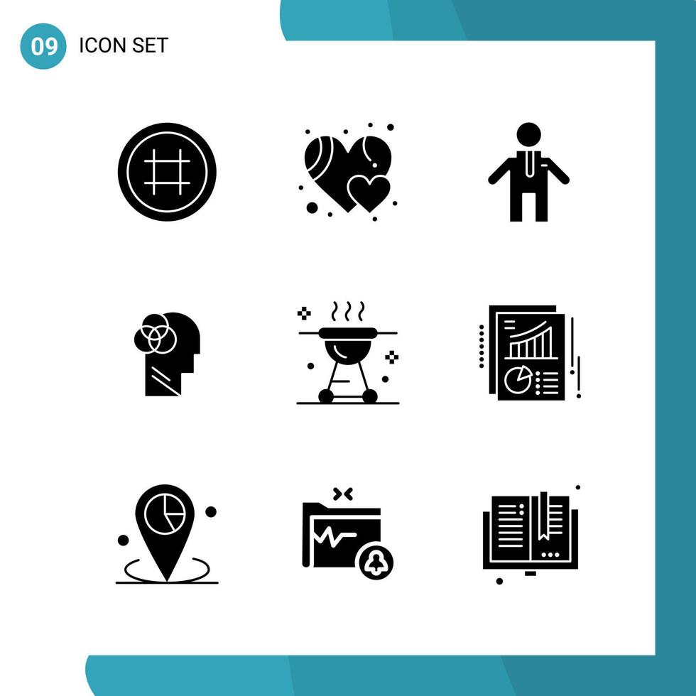 Vector Pack of 9 Glyph Symbols Solid Style Icon Set on White Background for Web and Mobile