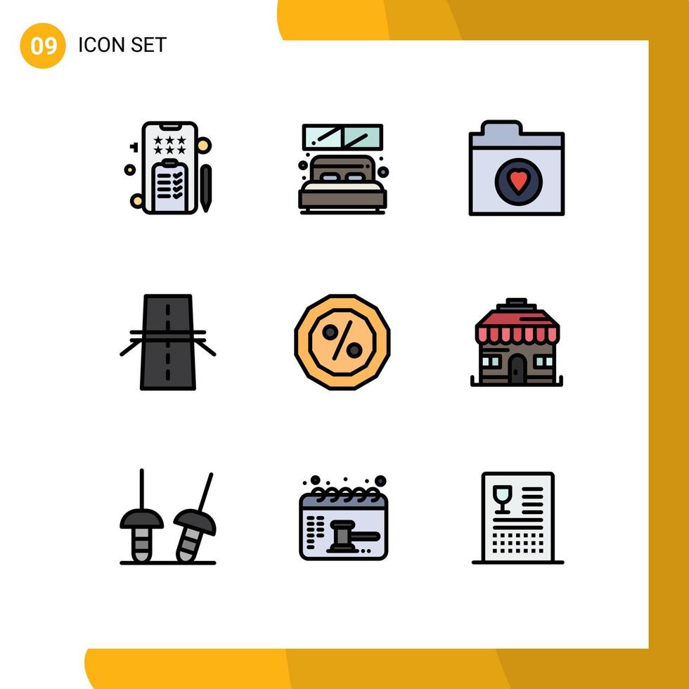 Group of 9 Modern Filledline Flat Colors Set for percent credit files highway creative Editable Vector Design Elements