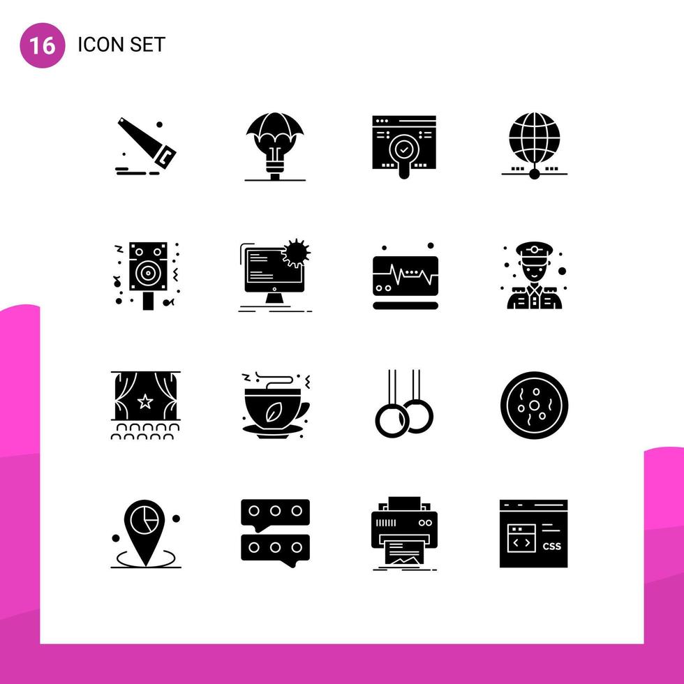 Group of 16 Solid Glyphs Signs and Symbols for speaker data web worldwide earth Editable Vector Design Elements