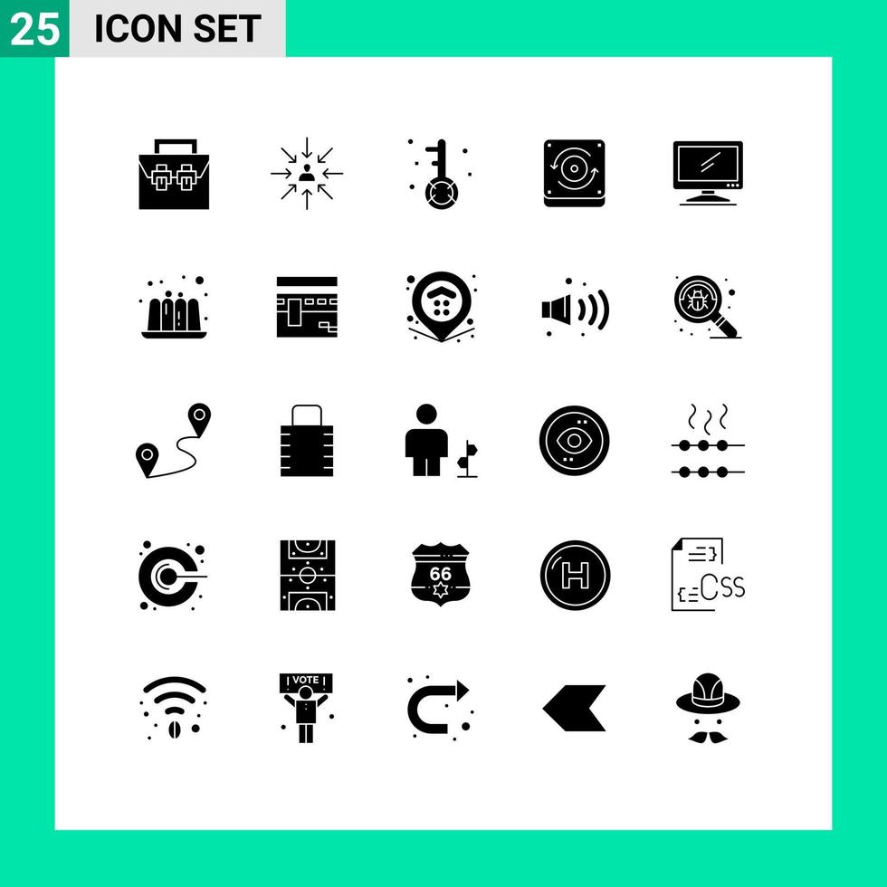 25 Universal Solid Glyphs Set for Web and Mobile Applications sound computing focus search media Editable Vector Design Elements
