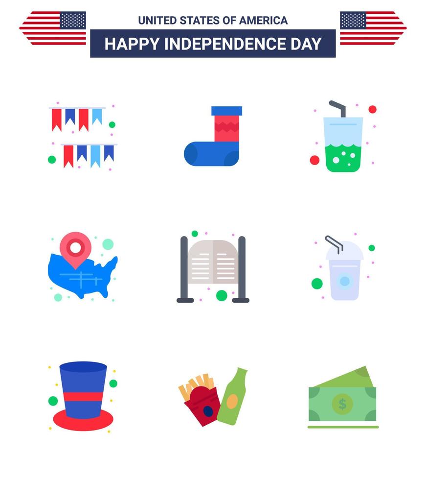 conjunto de 9 paquetes de pisos modernos en el pin de ubicación del día de la independencia de estados unidos estados de regalo de estados unidos elementos de diseño vectorial del día de estados unidos editables vector