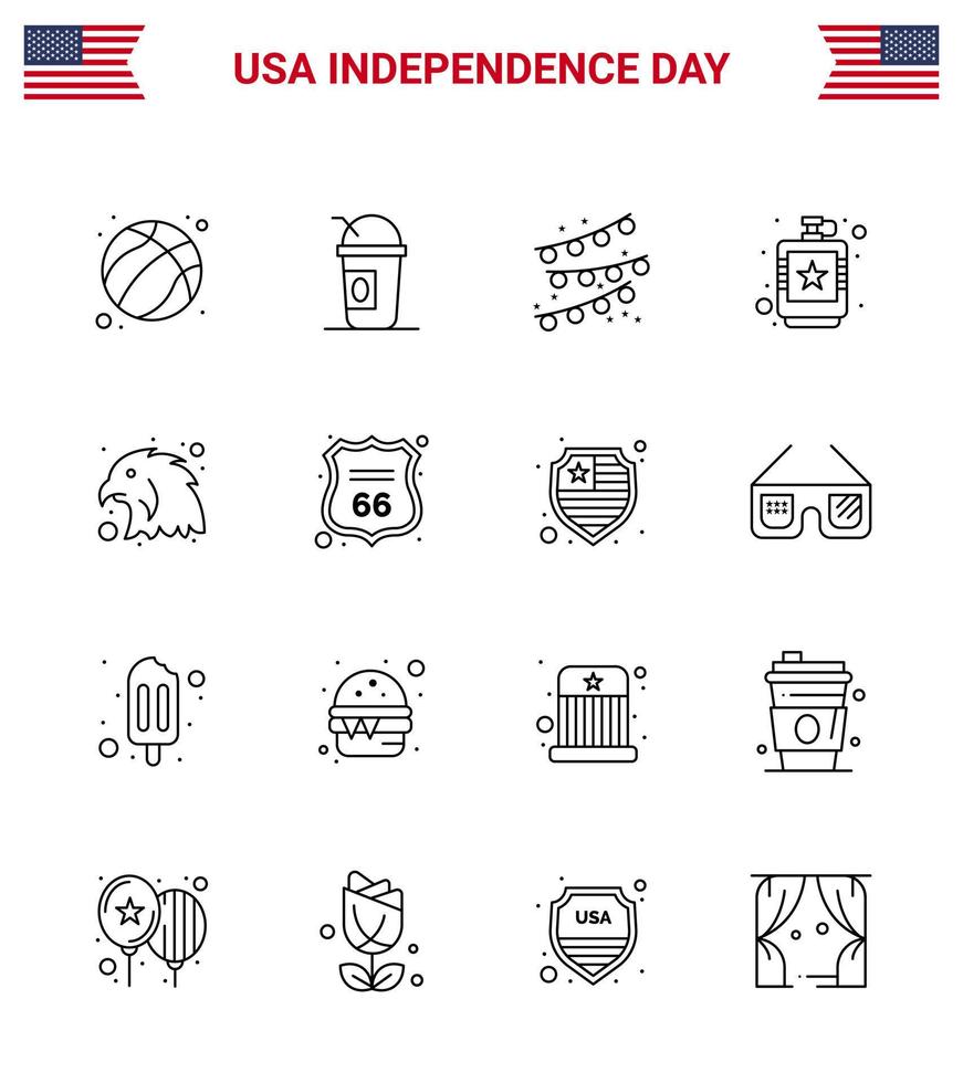 Paquete de 16 líneas de EE. UU. De signos y símbolos del día de la independencia de empavesados líquidos de aves, bebida de cadera, elementos de diseño vectorial editables del día de EE. UU. vector