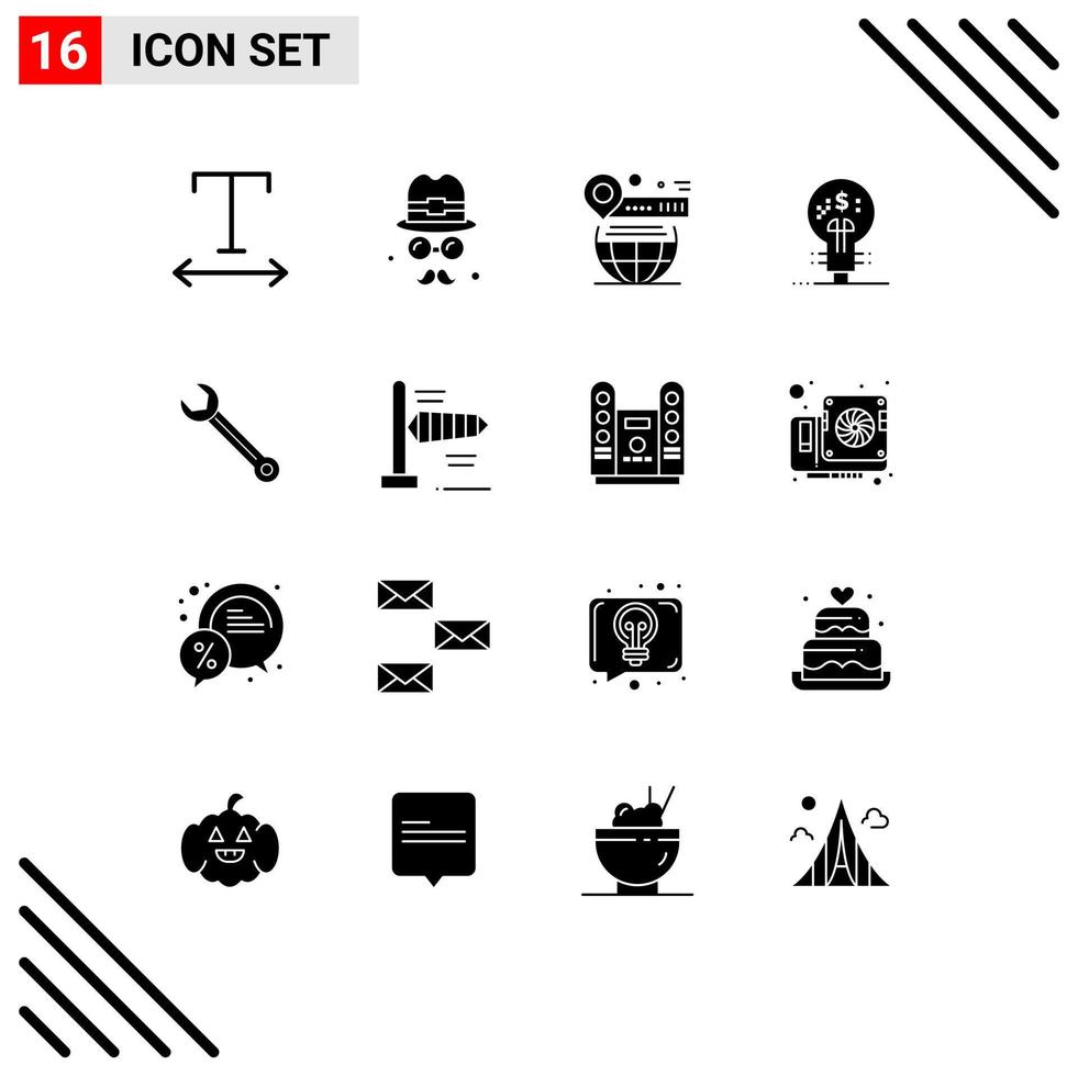 Group of 16 Modern Solid Glyphs Set for building wrench world idea finance Editable Vector Design Elements