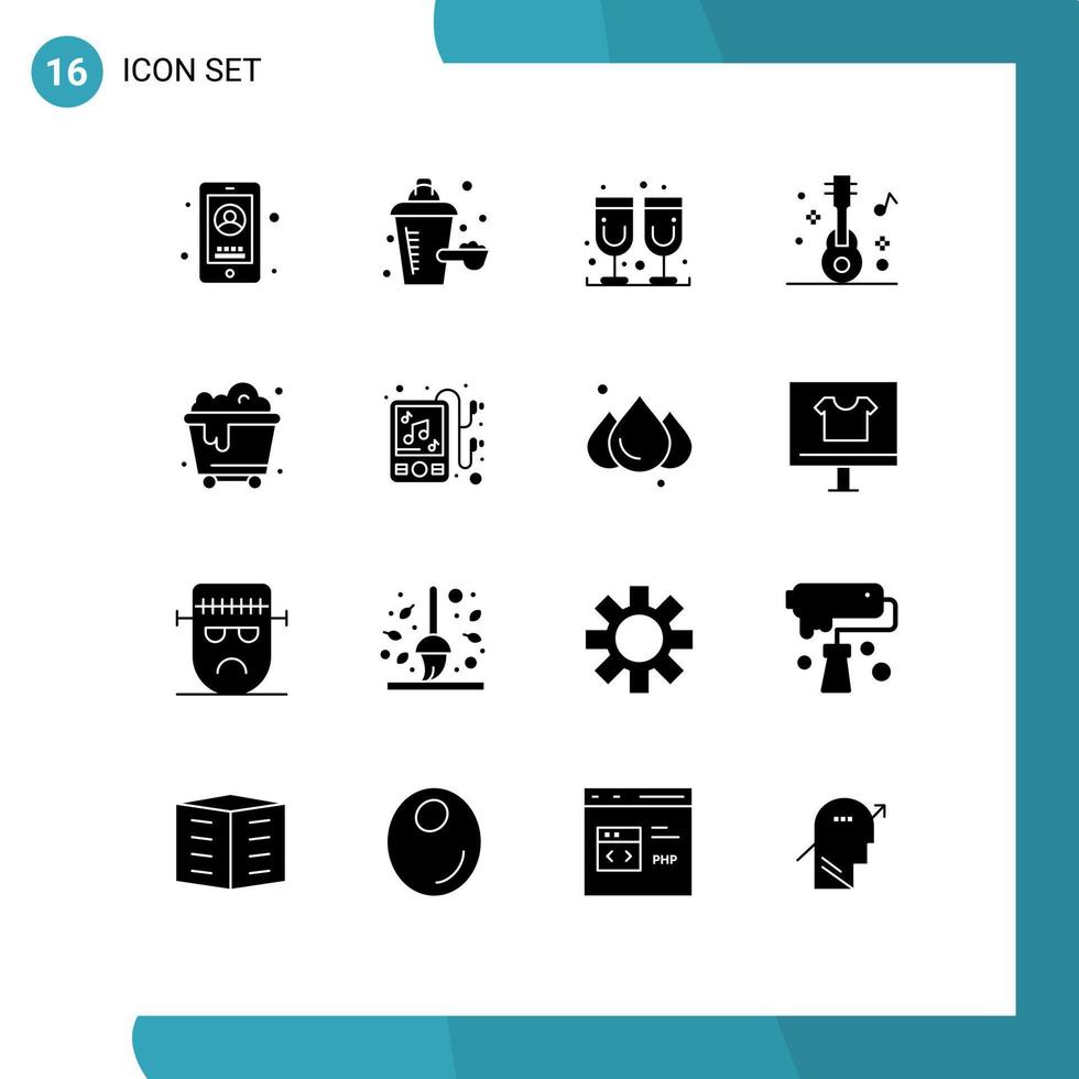 Solid Glyph Pack of 16 Universal Symbols of device trash juice pollution music Editable Vector Design Elements
