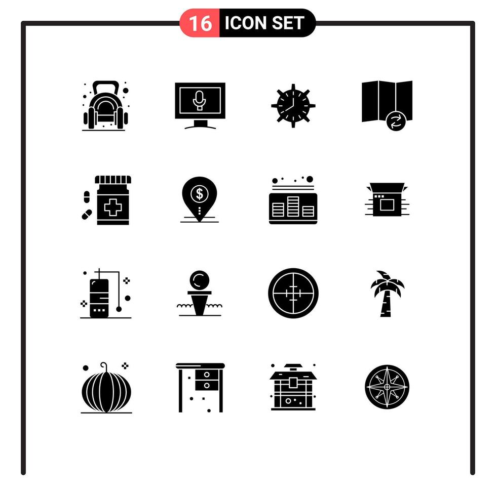 Modern Set of 16 Solid Glyphs and symbols such as synchronize map clock work timing Editable Vector Design Elements