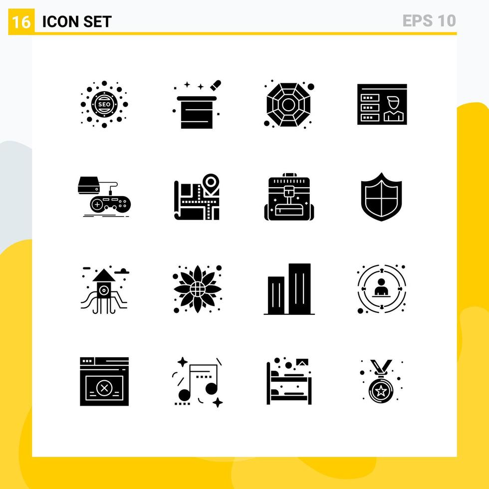 16 Universal Solid Glyph Signs Symbols of game id magician hat user account Editable Vector Design Elements
