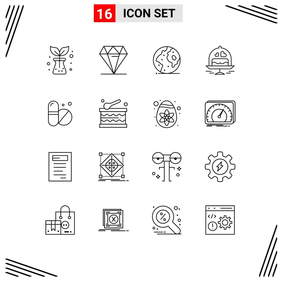 Universal Icon Symbols Group of 16 Modern Outlines of pills love globe wedding cake Editable Vector Design Elements