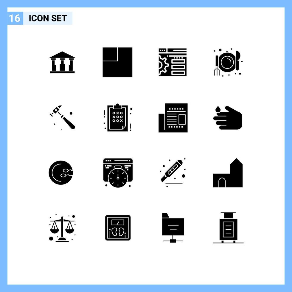 Group of 16 Solid Glyphs Signs and Symbols for strategy business cafe plan construction Editable Vector Design Elements