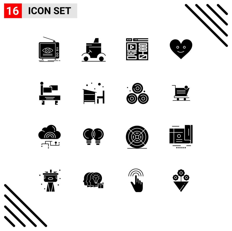 16 User Interface Solid Glyph Pack of modern Signs and Symbols of train happy golf cart heart web Editable Vector Design Elements