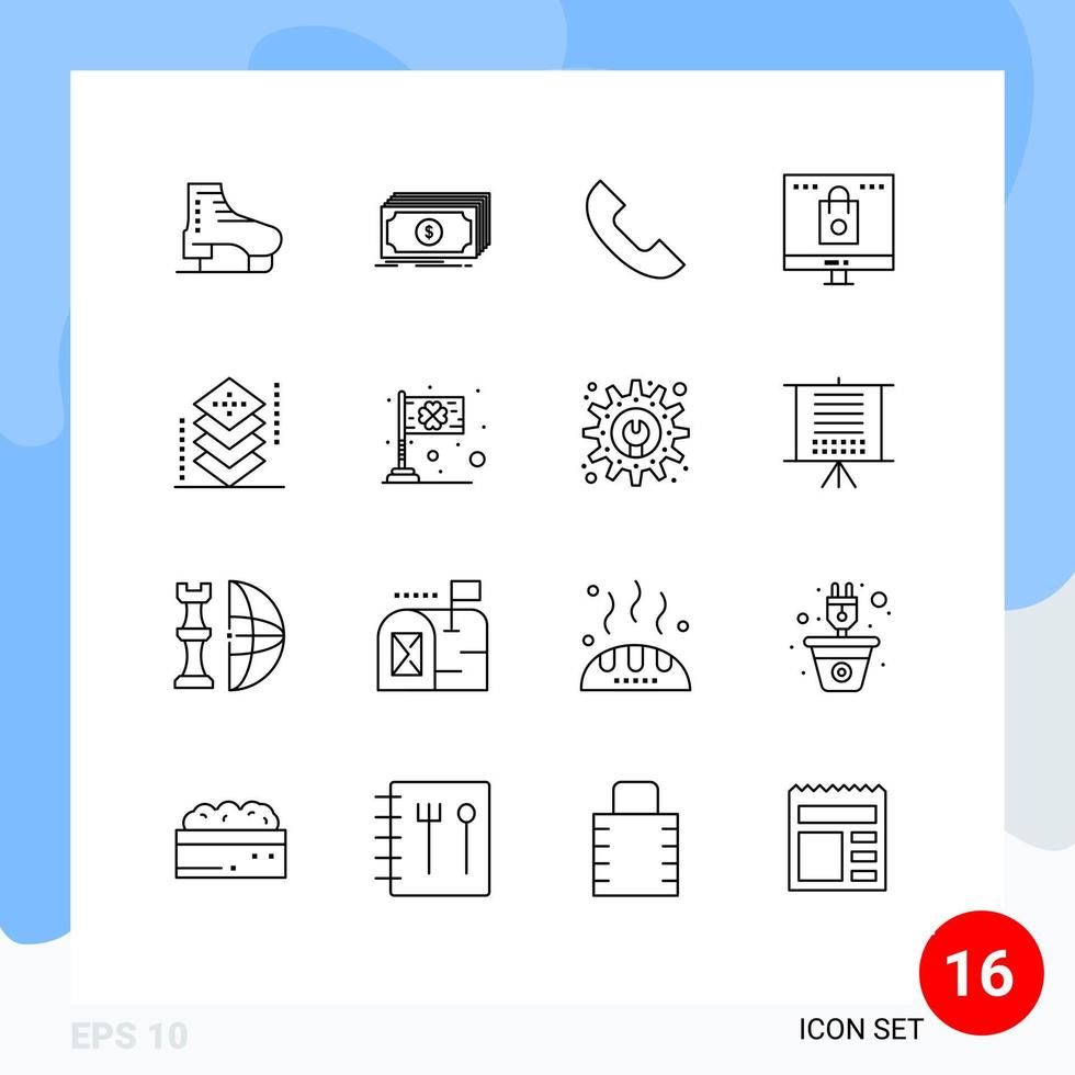 Editable Vector Line Pack of 16 Simple Outlines of shop computer funds bag telephone Editable Vector Design Elements