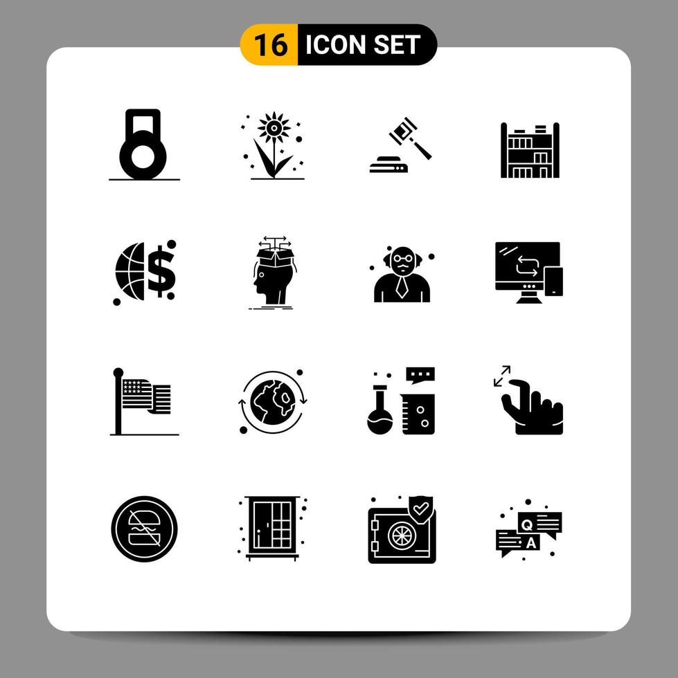 16 Universal Solid Glyph Signs Symbols of knowledge extraction home data global invesment Editable Vector Design Elements