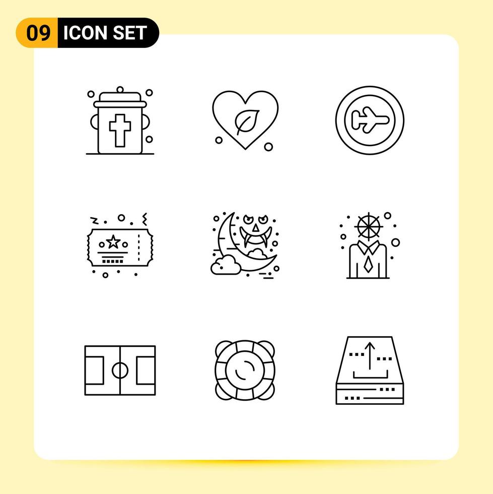 9 Universal Outline Signs Symbols of moon party beach night ticket Editable Vector Design Elements