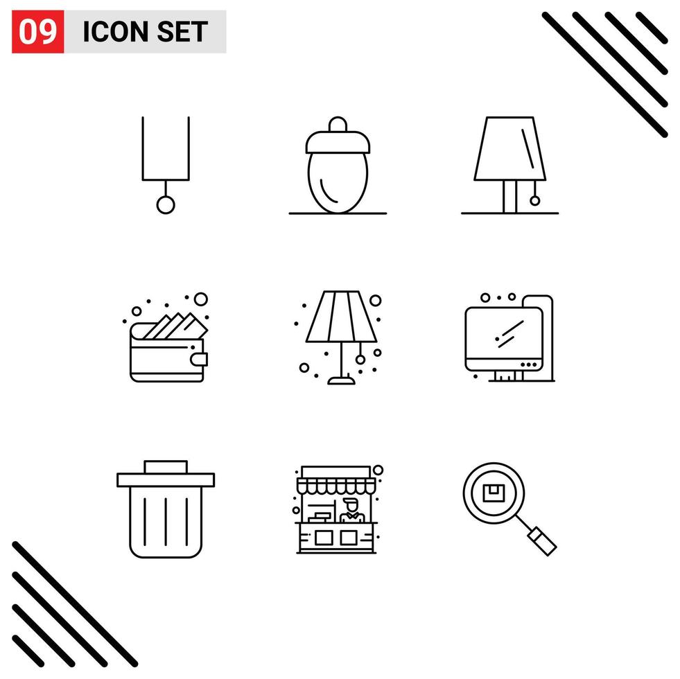 9 Universal Outline Signs Symbols of lamp wallet design money lightning Editable Vector Design Elements