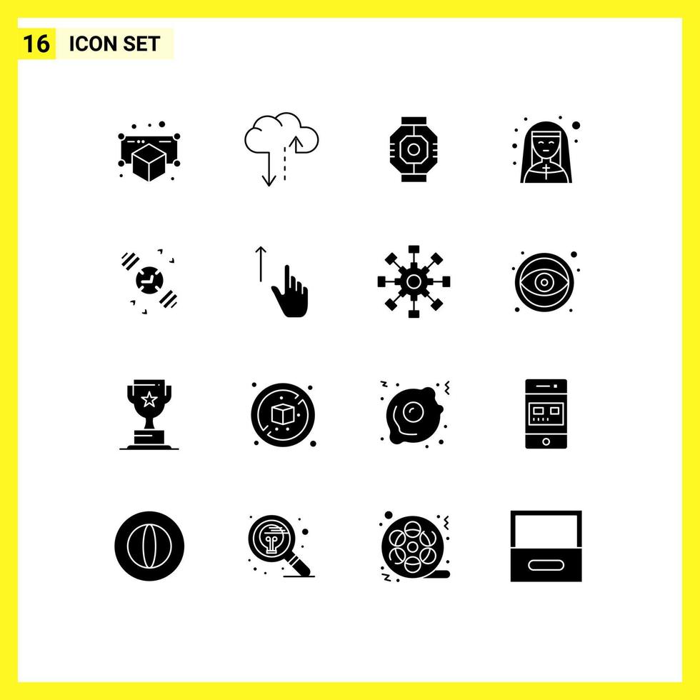 User Interface Pack of 16 Basic Solid Glyphs of watch nun capsule mother superior church Editable Vector Design Elements