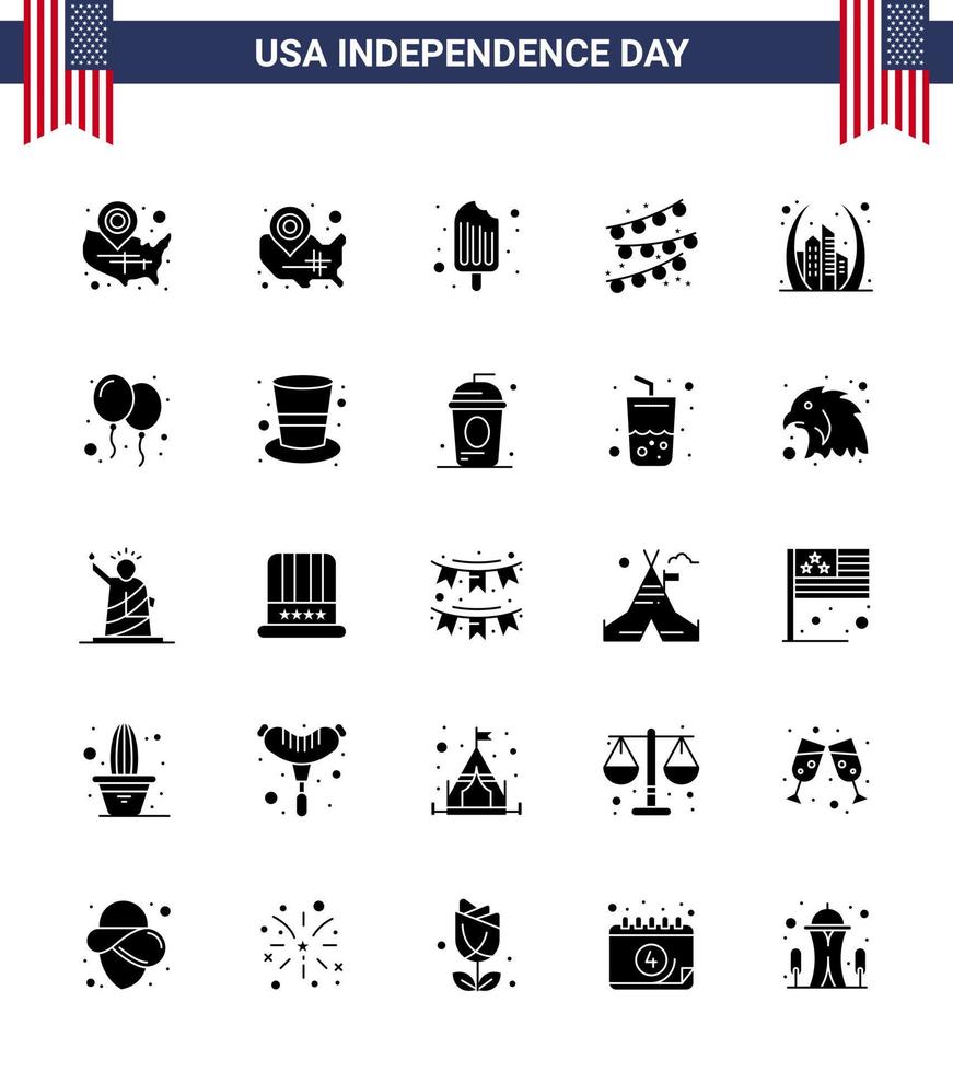 paquete de glifos sólidos de 25 símbolos del día de la independencia de estados unidos de globos punto de referencia arco de puerta de helado editable elementos de diseño vectorial del día de estados unidos vector