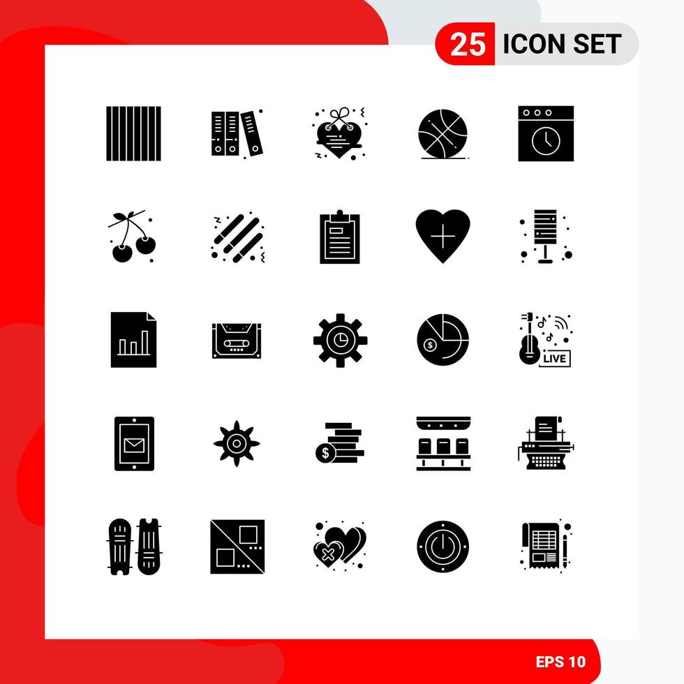 Set of 25 Commercial Solid Glyphs pack for berry history letter app sports Editable Vector Design Elements