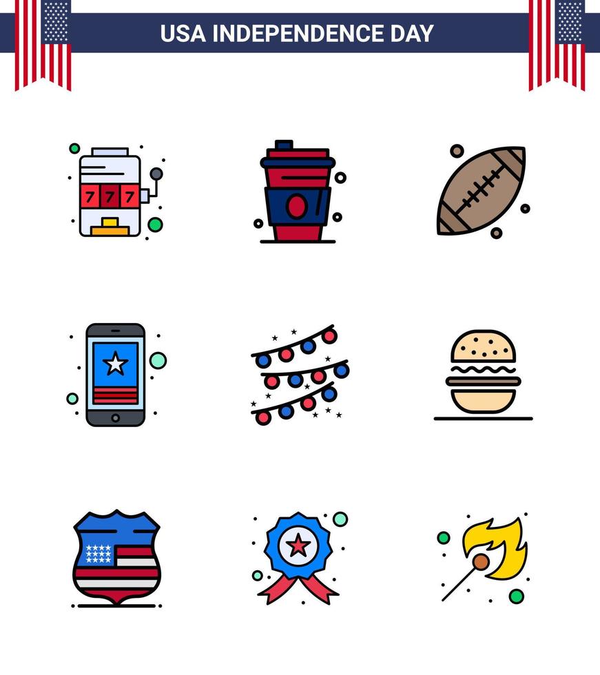 paquete de feliz día de la independencia de 9 líneas planas llenas de signos y símbolos para empavesados móvil bola teléfono inteligente celda editable usa día elementos de diseño vectorial vector